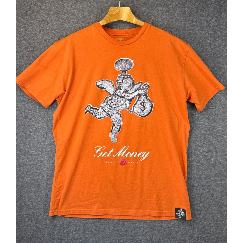 Muerte Graphic Tee Mens XL Orange Hipster‎ Get Money Hustle Daily Cherub Angel